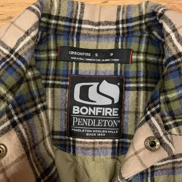PENDLETON Bonfire 100% Wool Jacket Shirt Snap Sz S Lined Green Tan
